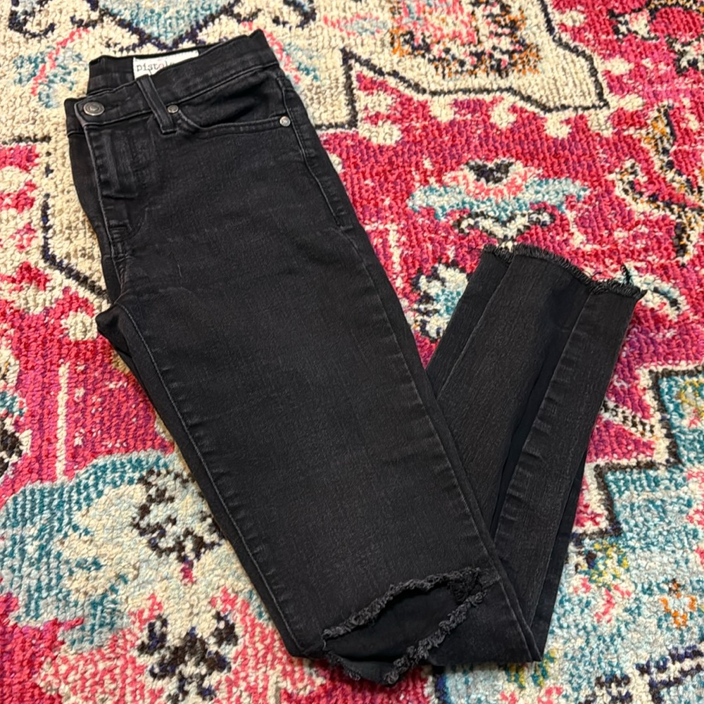 Black Women’s size 25 Pistola Jeans, distressed knees and hem, 5 pocket